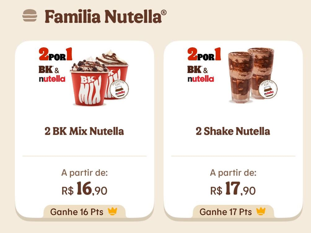 Cards da Família Nutella no Burger King: promoção 2 por 1 do BK Mix Nutella e do Shake Nutella