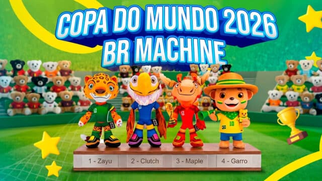 Pelúcias BR Machine da Copa do Mundo 2026 em estande com mascotes do Brasil e outros países