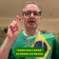 Joachim Klement em vídeo com camisa da seleção brasileira, defendendo previsão sobre a vitória do Brasil sobre o Japão.