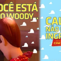 Campanha do Cinesystem para Toy Story 5 com mensagem “Calvos não pagam ingresso”, usando personagem careca estilo Woody.