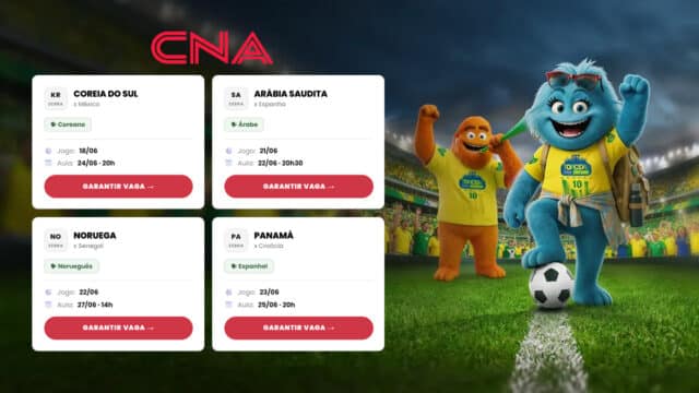 Banner do CNA com mascote em campo e opções de aulas gratuitas para países e idiomas da Copa do Mundo