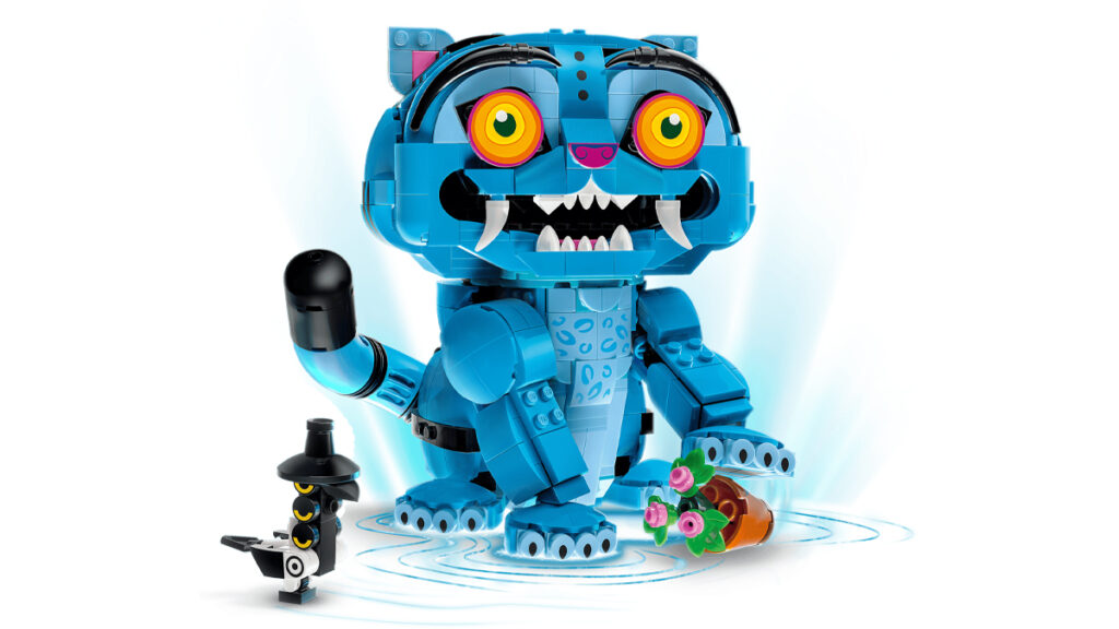 Figura LEGO azul e robótica do personagem gkpb-derpy-sussie-lego com acessórios e pequenos elementos na base.