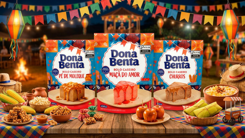 Embalagens de mistura para bolo Dona Benta em cenário de festa junina, com bandeirinhas, decoração colorida e quitutes sobre mesa