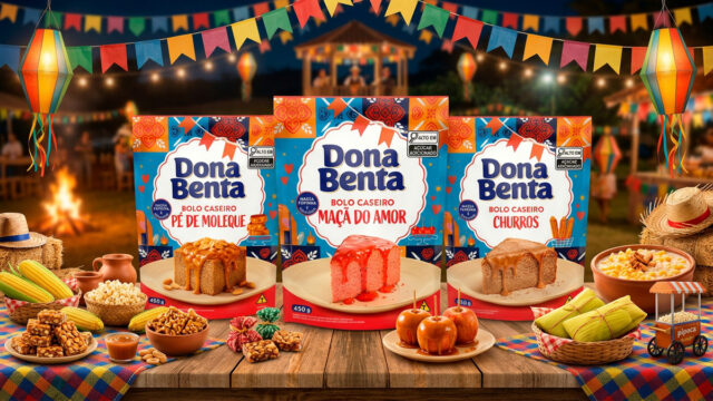 Embalagens de mistura para bolo Dona Benta em cenário de festa junina, com bandeirinhas, decoração colorida e quitutes sobre mesa