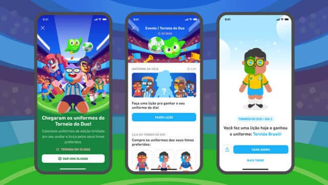 Três telas de celular mostrando o Duolingo e a personalização de avatar com uniforme de torcida na Copa do Mundo.