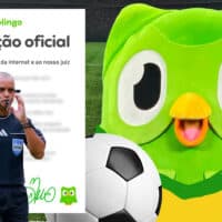 Imagem promocional do Duolingo com árbitro Wilton Pereira e mascote verde, indicando campanha após viral na Copa Duolingo.