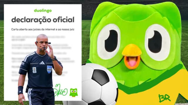 Imagem promocional do Duolingo com árbitro Wilton Pereira e mascote verde, indicando campanha após viral na Copa Duolingo.