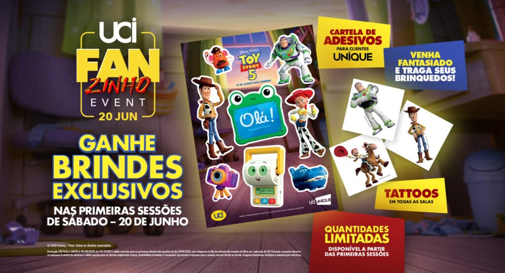Imagem promocional do UCI Fan Zinho Event com elementos de Toy Story 5 e brinde exclusivo do Woody.