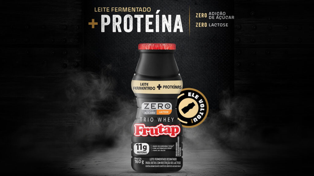 Embalagem de Leite Fermentado Trio Whey Frutap com proteína, zero açúcar e zero lactose, sabor whey protein.