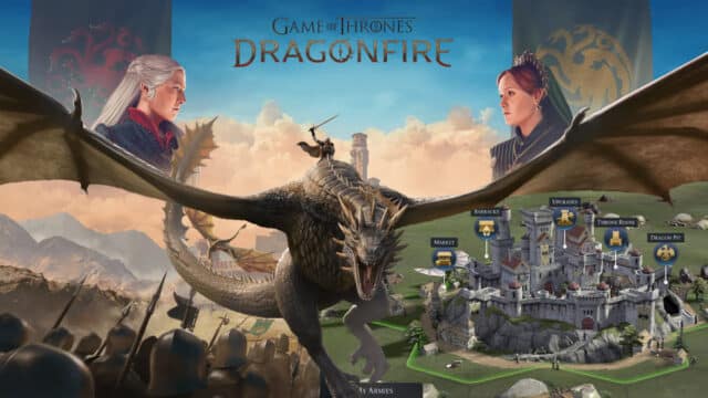 Cena de Game of Thrones: Dragonfire com dragão sobre um mapa estratégico de Westeros.