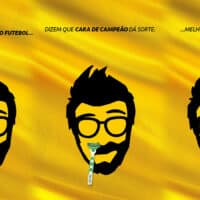 Imagem do Zé Delivery sem barba em animação para a Gillette, com fundo amarelo e textos sobre futebol e campeão.