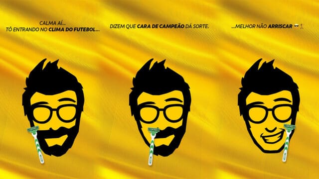 Imagem do Zé Delivery sem barba em animação para a Gillette, com fundo amarelo e textos sobre futebol e campeão.