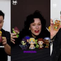 Patricia Marx, Luciano Nassyn e Juninho Bill segurando bonecos do He-Man em foto promocional do Giraffas