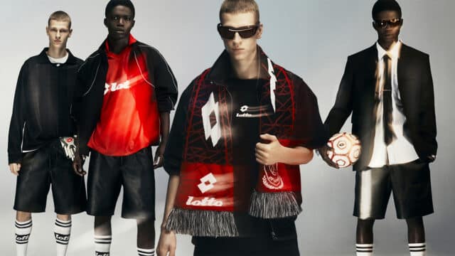 Modelo usando peças de sportwear da coleção H&M e LOTTO, com jaqueta e conjunto esportivo em estilo blokecore