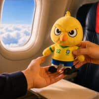 Pássaro Canarinho iFood em mãos dentro de um avião, com janela e banco ao fundo durante ação da Azul