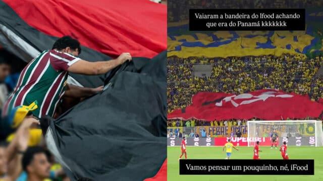 Torcedor mostra bandeira do iFood no Maracanã durante Brasil x Panamá, com faixas vermelhas e pretas ao fundo.
