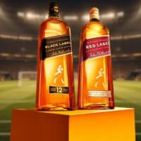 Garrafa de Johnnie Walker Black Label e Red Label em destaque em campo de futebol, com clima de promoção na Copa do Mundo