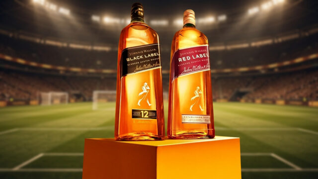 Garrafa de Johnnie Walker Black Label e Red Label em destaque em campo de futebol, com clima de promoção na Copa do Mundo