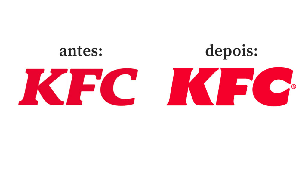 Comparativo do logo do KFC: antes à esquerda com “antes” e depois à direita com “depois”.