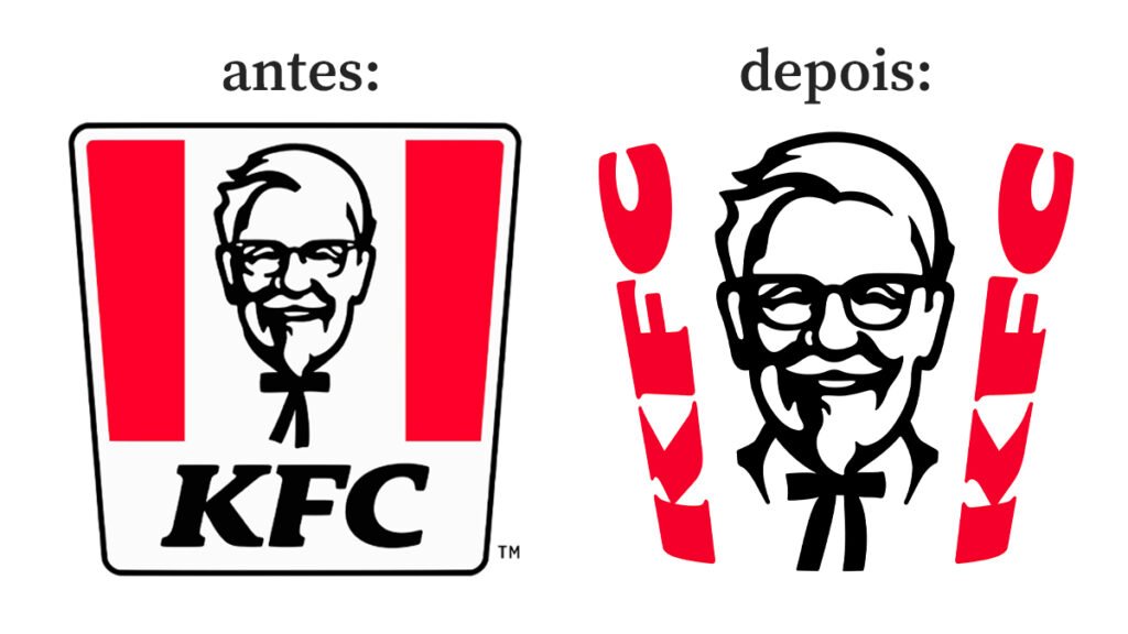 Comparativo antes e depois do logo do KFC, com personagem em vermelho e branco.