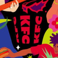 Arte colorida de rebranding do KFC com personagens estilizados, padrões gráficos e um grande símbolo ao centro.