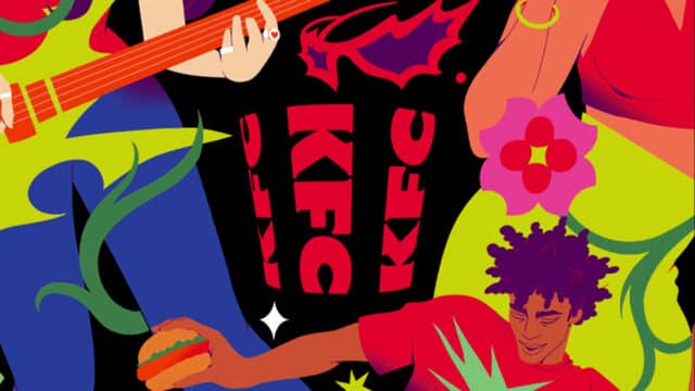 Arte colorida de rebranding do KFC com personagens estilizados, padrões gráficos e um grande símbolo ao centro.
