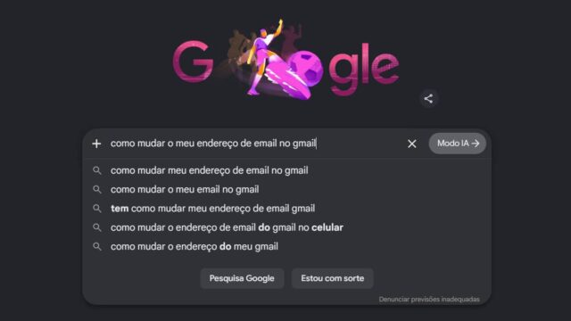 Tela do Google com opção e resultados sobre como mudar o endereço de email no Gmail, com ícone do Gmail no fundo.