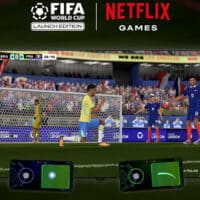Tela de jogo FIFA World Cup: Launch Edition da Netflix, com partida em campo no mobile e logotipos FIFA e Netflix Games.
