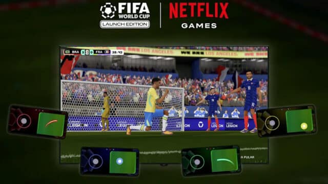 Tela de jogo FIFA World Cup: Launch Edition da Netflix, com partida em campo no mobile e logotipos FIFA e Netflix Games.