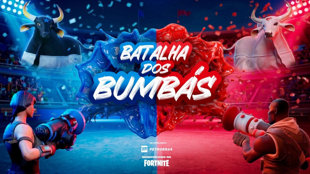 Imagem promocional do Fortnite com o título “Batalha dos Bumbás”, mostrando os personagens Caprichoso e Garantido da Petrobras.