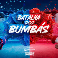 Imagem promocional do Fortnite com o título “Batalha dos Bumbás”, mostrando os personagens Caprichoso e Garantido da Petrobras.