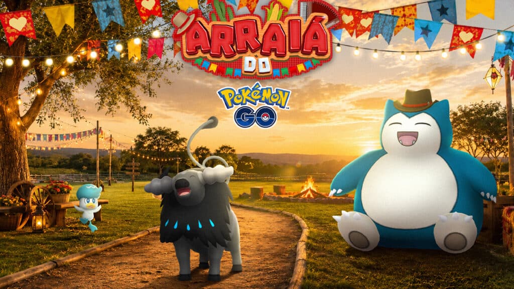 Cena do evento Arraiá do Pokémon GO com Taurus de Paldea em cenário festivo junino ao pôr do sol.