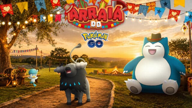 Cena do evento Arraiá do Pokémon GO com Taurus de Paldea em cenário festivo junino ao pôr do sol.