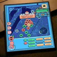 Tela de tablet com interface de mapa e HUD do Spidey Tracker, da Samsung, exibindo pontos no mapa.
