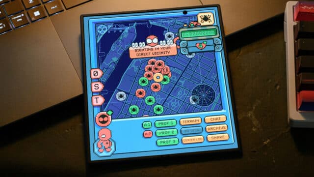 Tela de tablet com interface de mapa e HUD do Spidey Tracker, da Samsung, exibindo pontos no mapa.