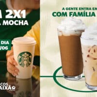 Imagem promocional da Starbucks com ação 2 por 1 na família Mocha, com copos e data 25/06.