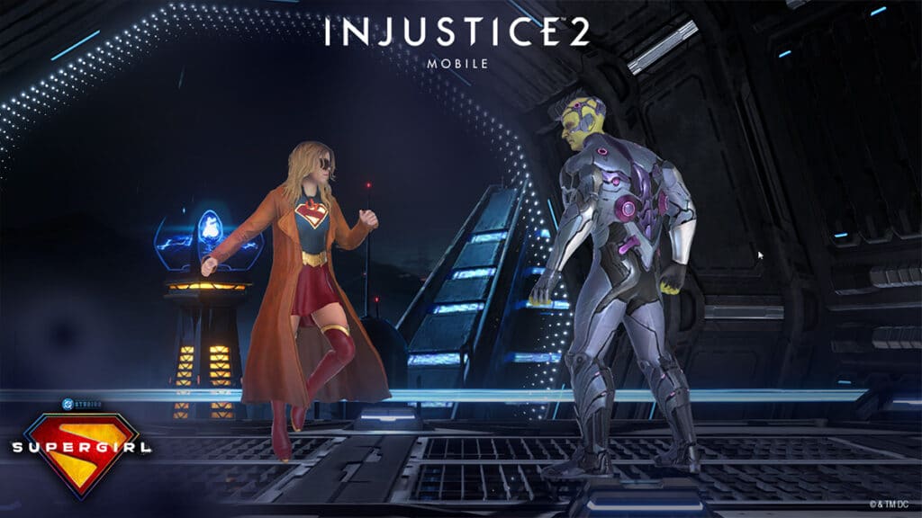 Supergirl e Krypto em Injustice 2 Mobile, com a vilã do espaço em cenário futurista e iluminação azul.