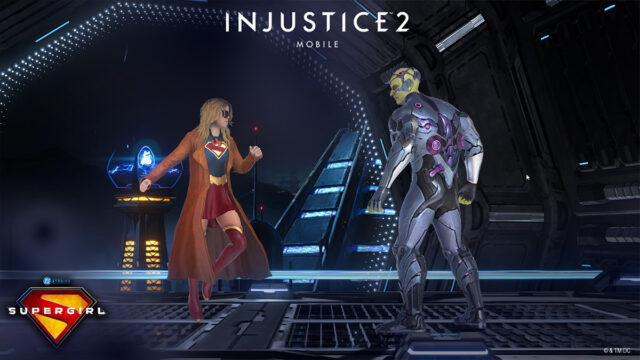 Supergirl e Krypto em Injustice 2 Mobile, com a vilã do espaço em cenário futurista e iluminação azul.