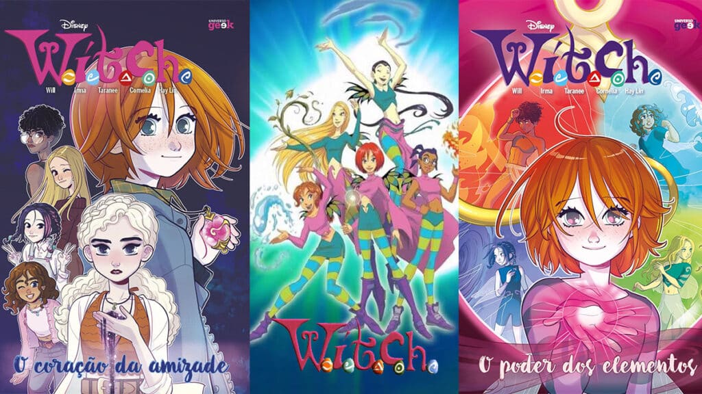 Cartas de capa de quadrinhos da WITCH, com personagens e temas mágicos em cores vibrantes: coração, elementos e amizade.