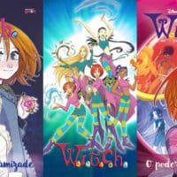 Cartas de capa de quadrinhos da WITCH, com personagens e temas mágicos em cores vibrantes: coração, elementos e amizade.