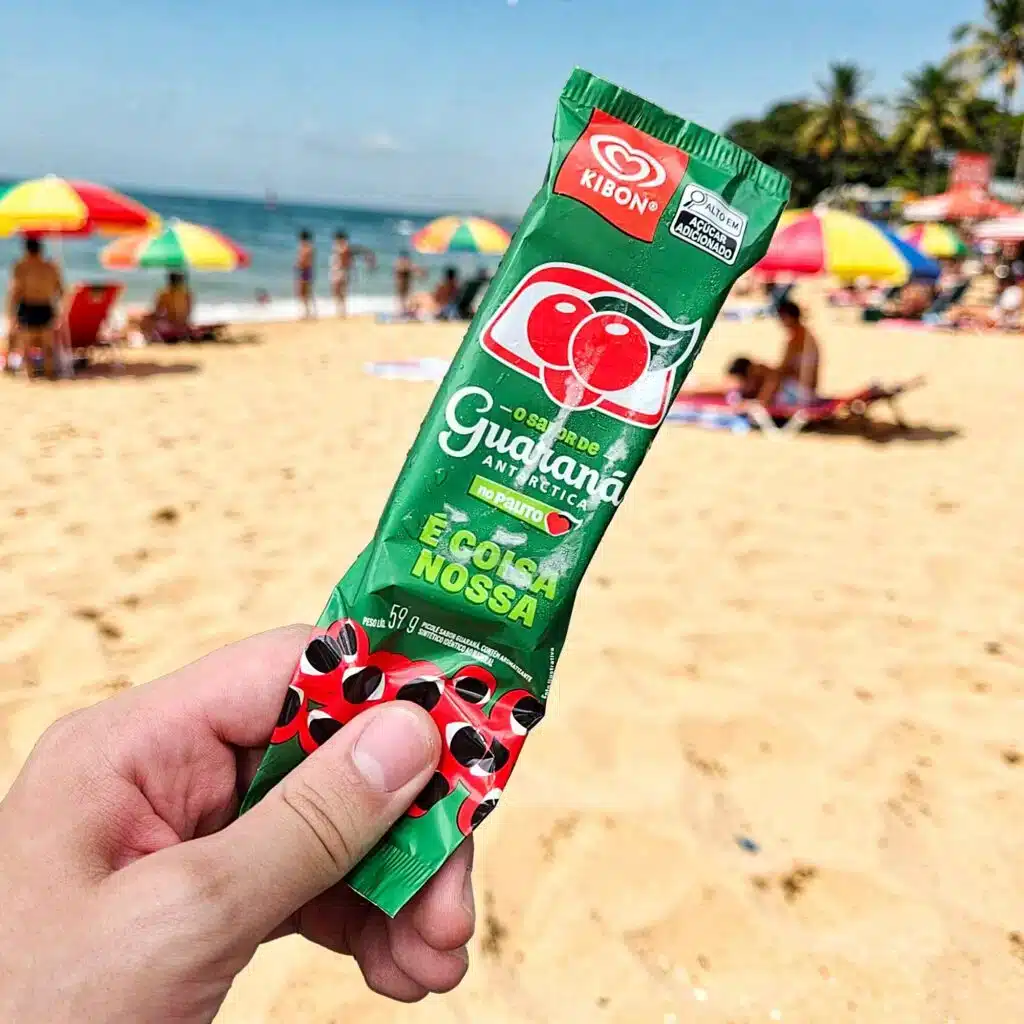 Picolé Kibon Guaraná Antarctica na praia, em mãos, com cenário de guarda-sóis e mar ao fundo.