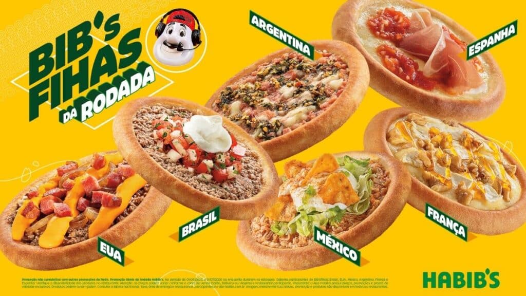 Habib’s Bib’sfihas Copa do Mundo: sabores Brasil, Argentina e México Imagem promocional da Habib’s com Bib’sfihas em sabores inspirados em torcidas (Brasil, Argentina, México, França e Espanha).
