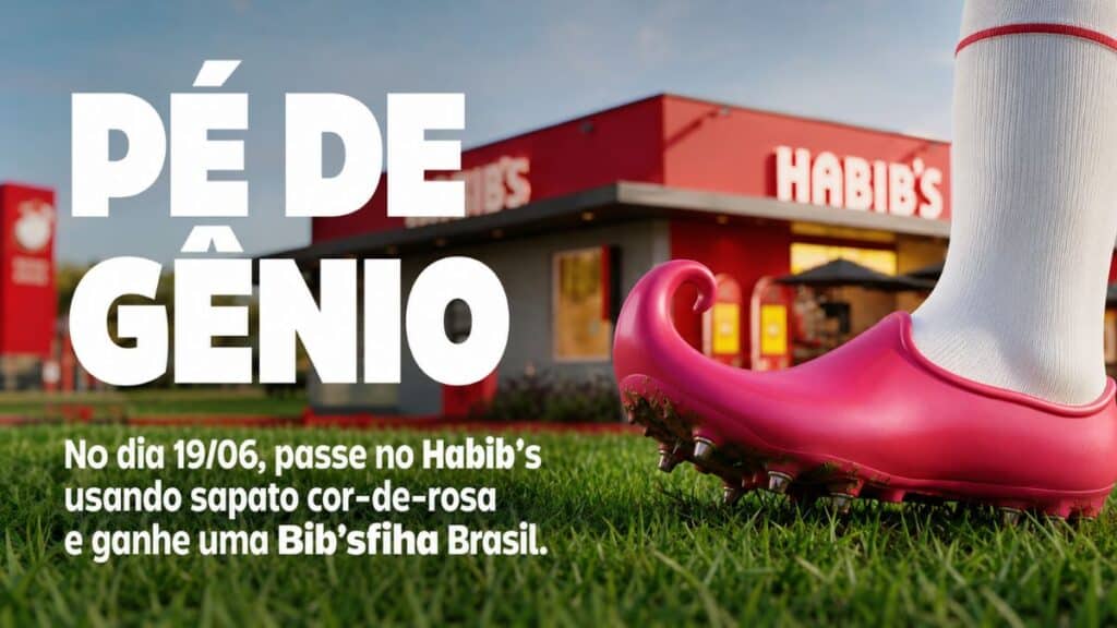 Chuteira cor-de-rosa do Habib’s sobre grama com fachada da loja ao fundo e texto promocional em destaque.