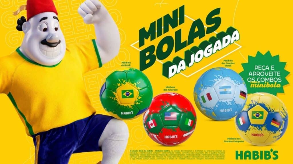 Personagem do Habib’s e mini bolas colecionáveis da Copa do Mundo 2026 em fundo amarelo com elementos esportivos