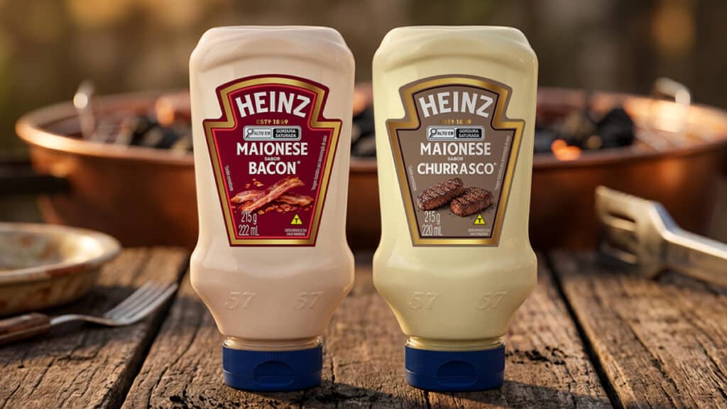 Embalagens de maionese Heinz Bacon e Heinz Churrasco na mesa, com fundo desfocado ao ar livre.