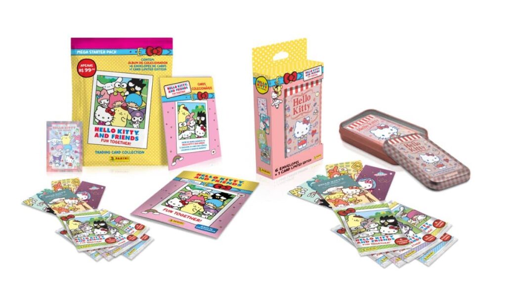 Coleção de trading cards da Hello Kitty and Friends da Panini, com embalagens coloridas e lata exclusiva ao lado de cartas.