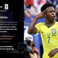 Jogador da seleção brasileira em campo com camisa amarela; ao lado, texto da Hisense sobre VAR e gol anulado no jogo da Copa do Mundo.