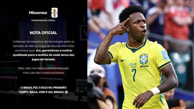 Jogador da seleção brasileira em campo com camisa amarela; ao lado, texto da Hisense sobre VAR e gol anulado no jogo da Copa do Mundo.