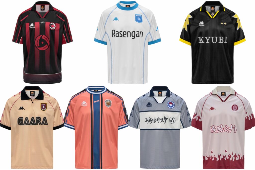 Coleção de camisetas esportivas Kappa inspiradas em Naruto Shippuden, com estampas de personagens como Gaara e Kyubi.