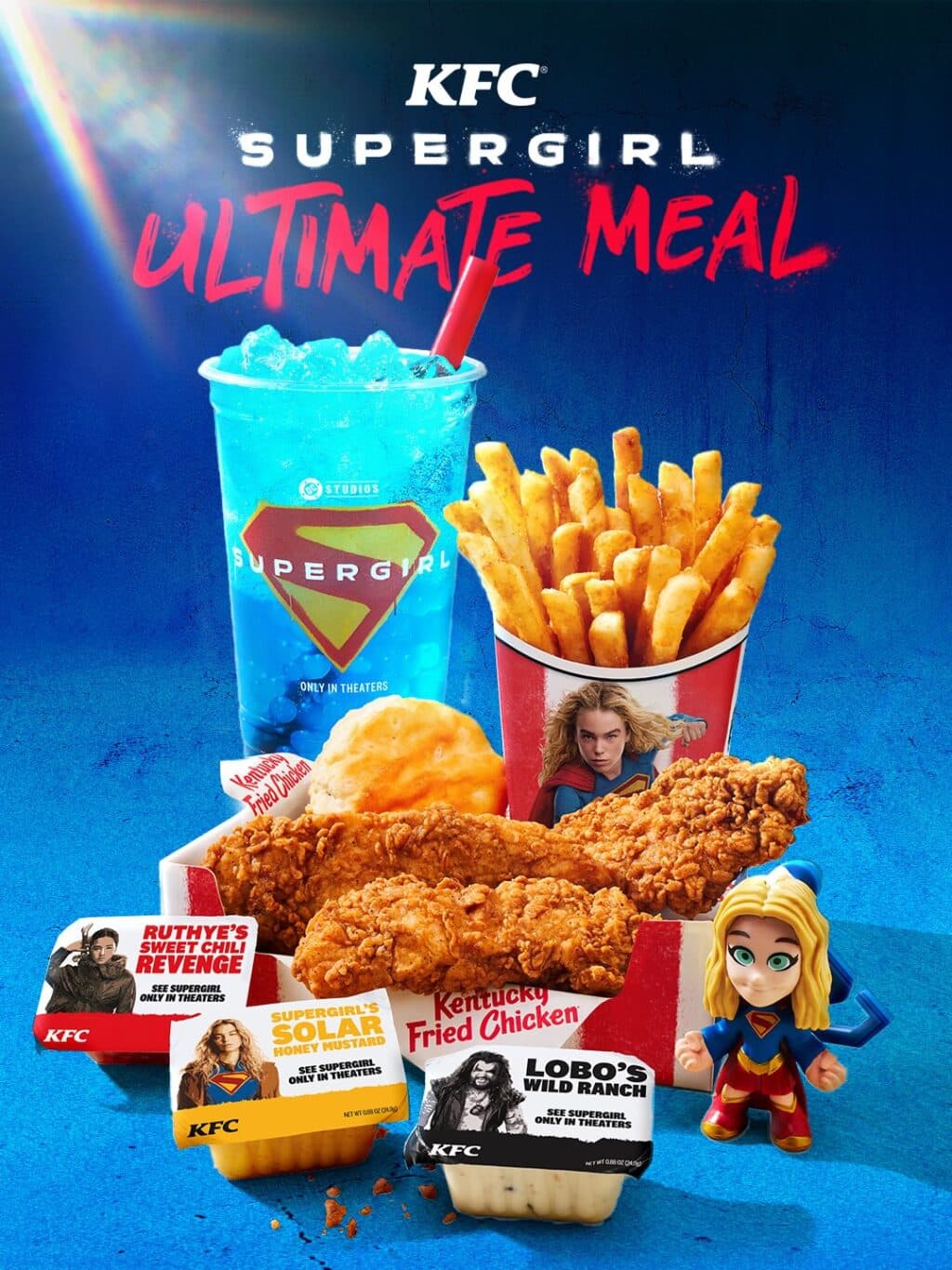 Imagem promocional do KFC Supergirl Ultimate Meal com balde azul, frango e batatas, nos EUA